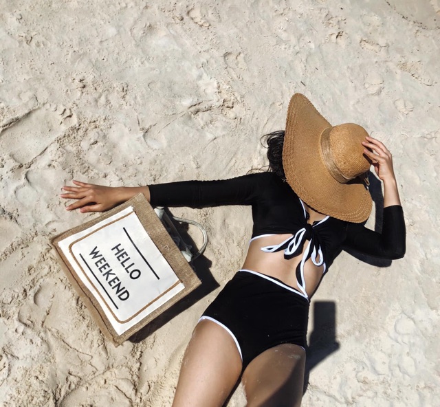 [ĐỒ BƠI LOẠI ĐẸP] Bikini tay dài đen viền trắng cột dây ngực sành điệu