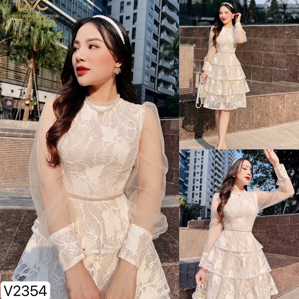 V2354 - Váy ren be xếp tầng tay phối lưới