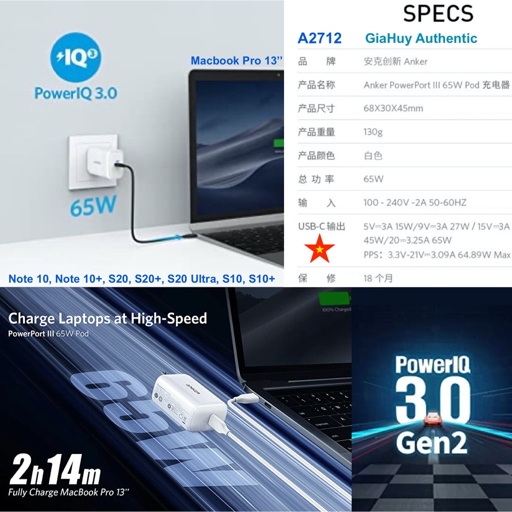 Củ sạc Macbook Pro, iPad Pro, iPhone 12, Note 10+, Note 20 Ultra, S20 ANKER PowerPort III Pod 65W PIQ 3.0 Gen2 - A2712