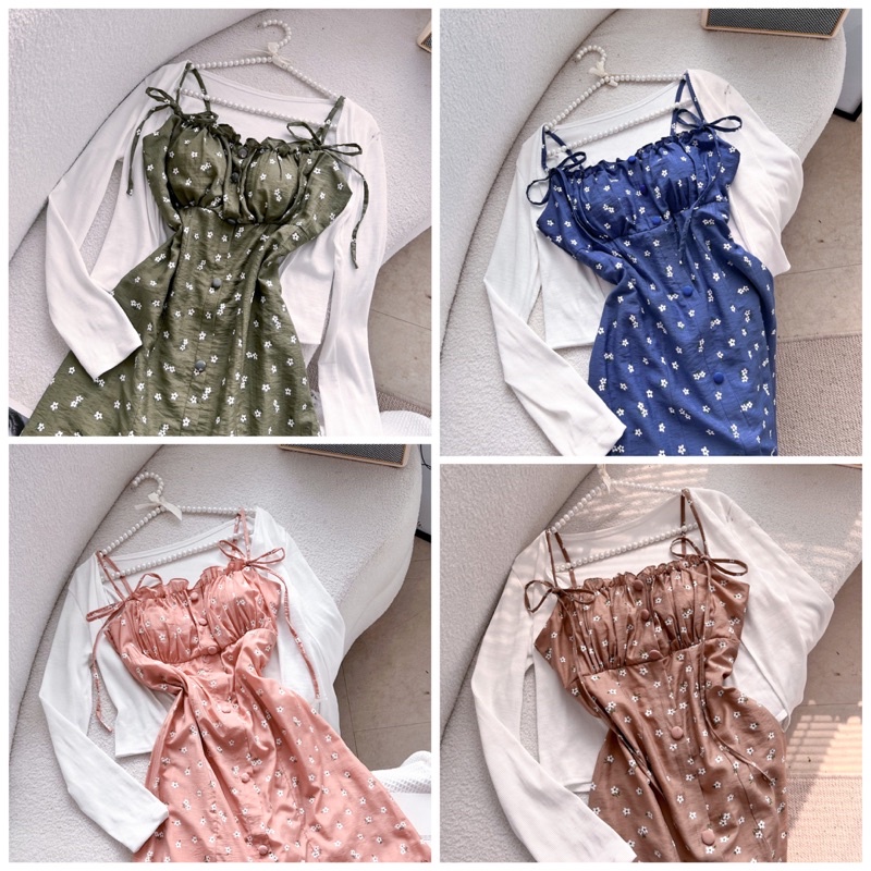 SET ĐẦM HOA NÚT BỌC + ÁO KHOÁC TRẮNG