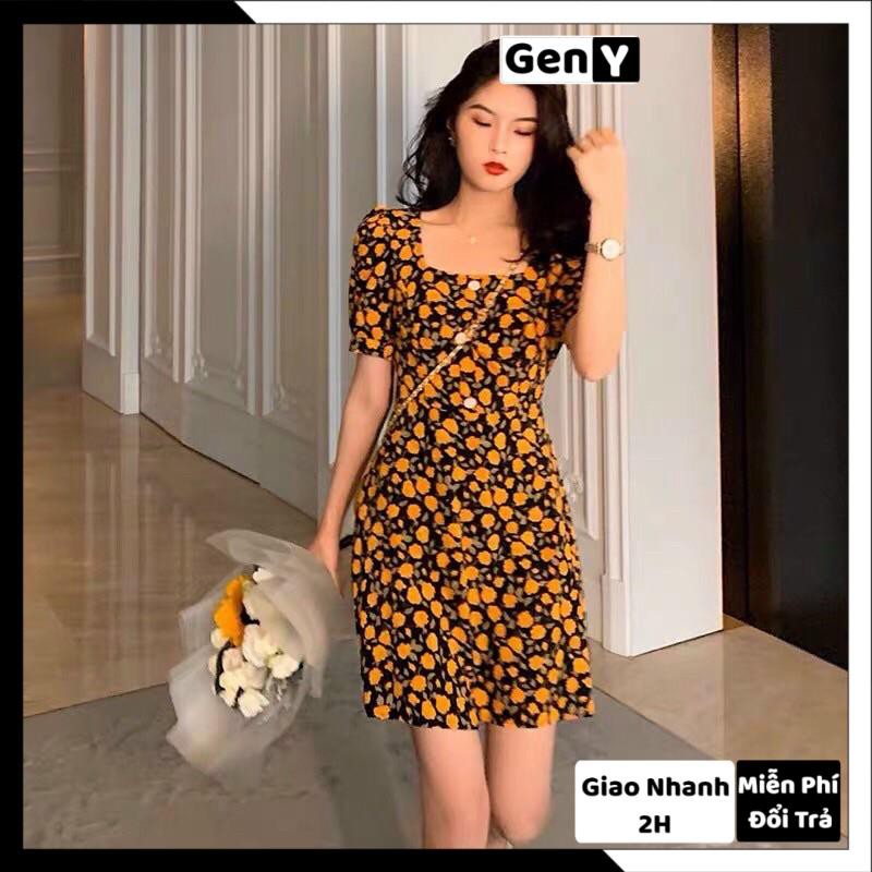 Đầm Hoa Nhí Buộc Nơ Sau GenY Váy Nữ Hoa Chất Voan Siêu Xinh