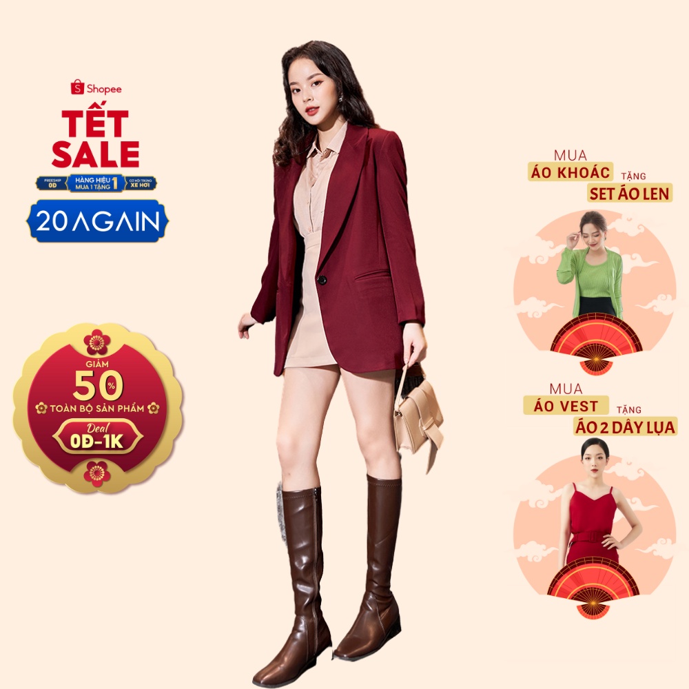 Áo vest nữ dài tay cổ bẻ 20AGAIN, thiết kế thanh lịch, trẻ trung, chất liệu tuýt si cao cấp VDA2111
