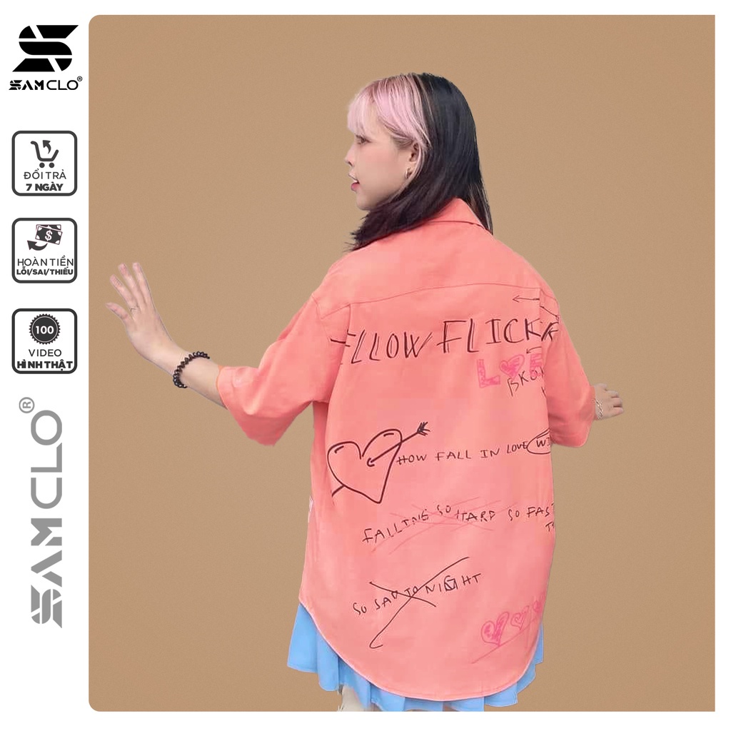 Áo sơ mi nữ cổ bẻ có túi tay lỡ dáng ulzzang freesize form rộng unisex in chữ yellow flicker LOVER