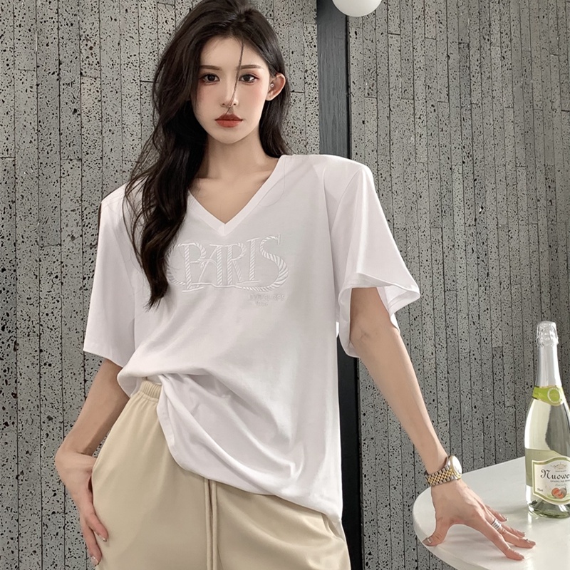 Áo Thun Nữ Ngắn Tay Cổ Chữ V Thêu Hoa Thời Trang