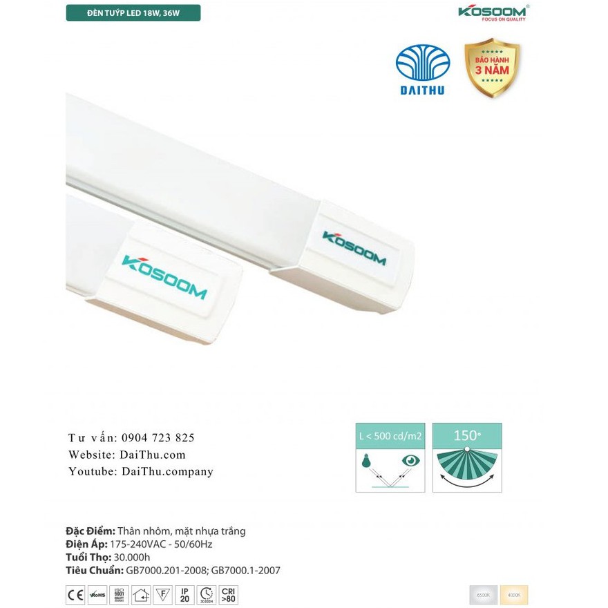 Đèn tuýp Led bán nguyệt siêu sáng 1m2 BH 3 năm - Tuýp T8 liền máng Kosoom 36W - Trắng 6500k và Trung tính 4000k