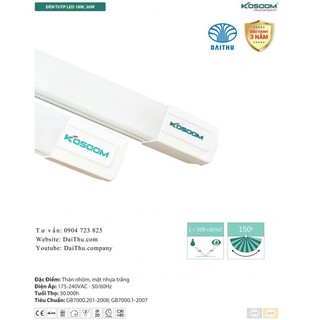 Đèn tuýp Led bán nguyệt siêu sáng 1m2 BH 3 năm - Tuýp T8 liền máng Kosoom 36W - Trắng 6500k và Trung tính 4000k
