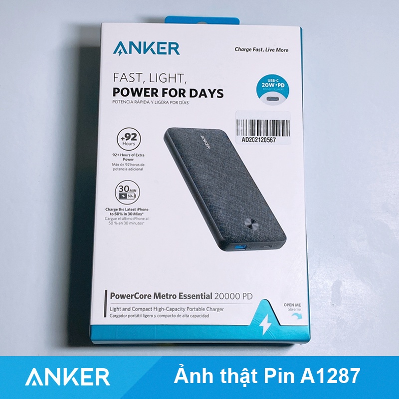 Pin dự phòng Anker 20000mAh Sạc nhanh 20W - A1287 Essential Metro Iphone 11 12 13 Pro Max  Chính hãng