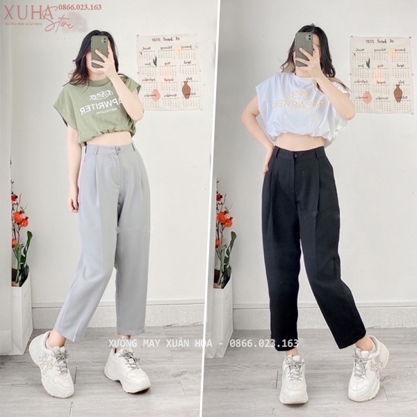 Quần tây baggy ống rộng đi học lưng cao nữ dáng quần bom thụng baggy nữ che đùi to vải Vitex đen mềm công sở học sinh