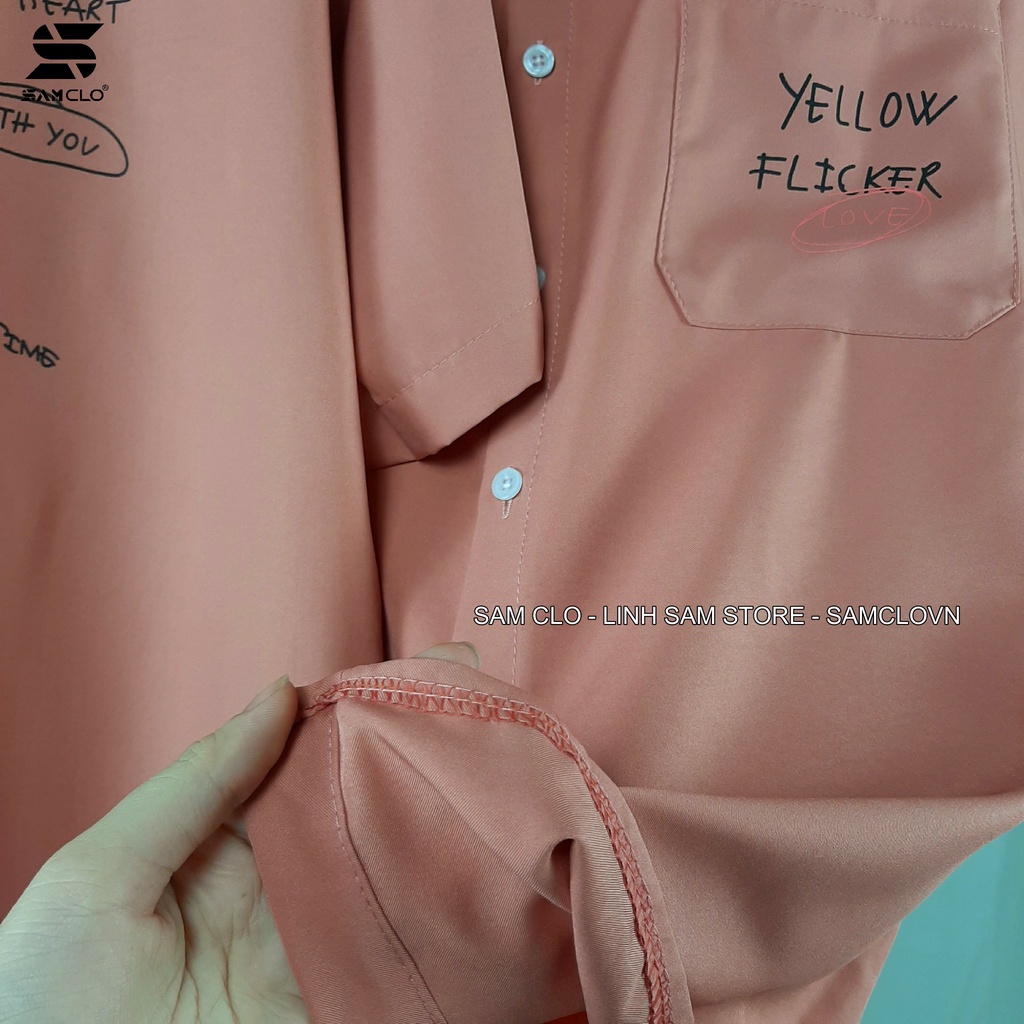 Áo sơ mi nữ cổ bẻ có túi tay lỡ dáng ulzzang freesize form rộng unisex in chữ yellow flicker LOVER