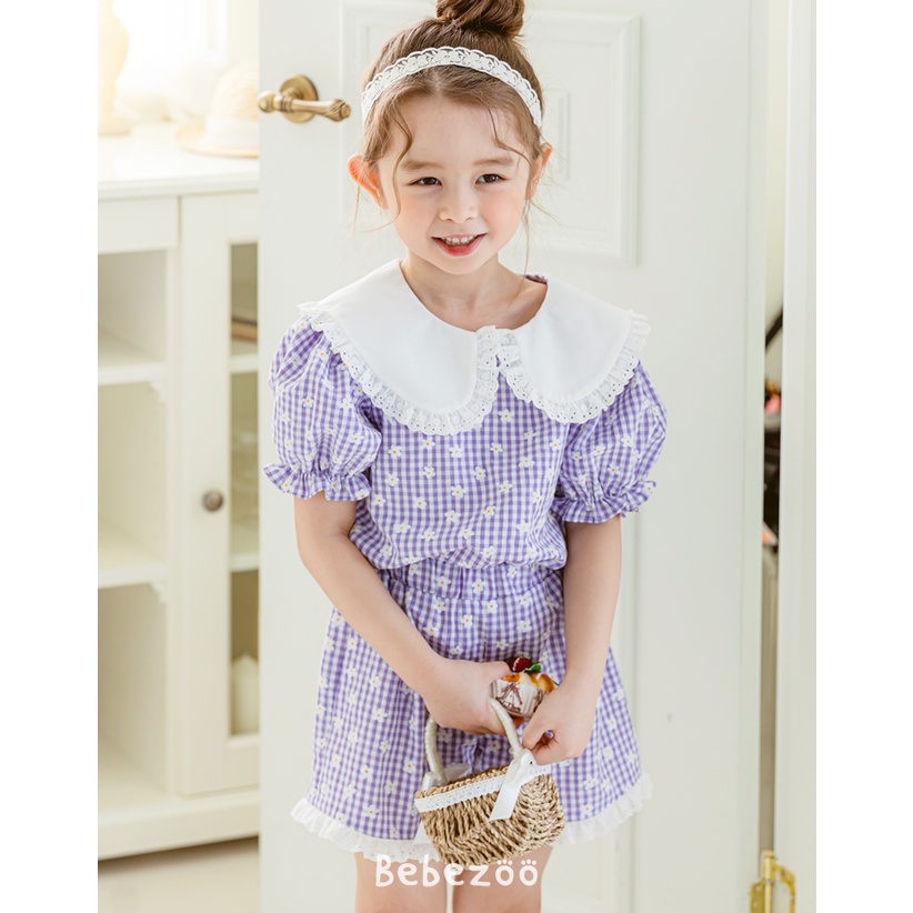 Bộ đồ bé gái Bebezoo cộc tay cao cấp _ Caro hoa tím