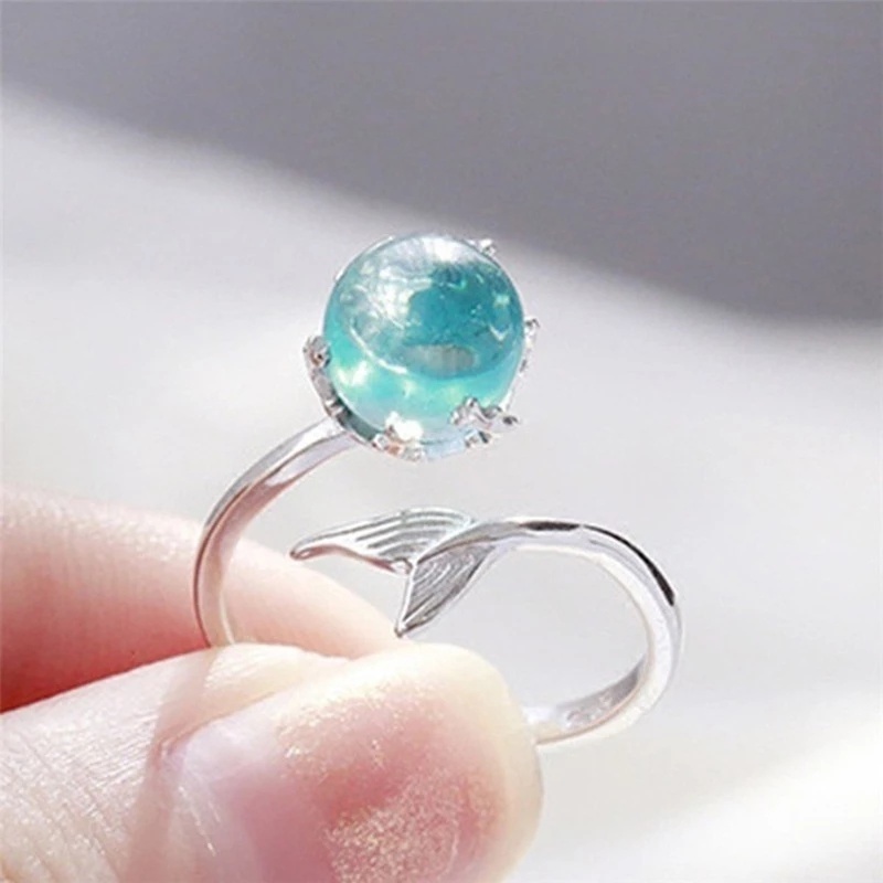 1 Nhẫn Hở Hình Đuôi Cá Màu Xanh Dương Thời Trang Có Thể Điều Chỉnh Phong Cách Retro Cho Nữ