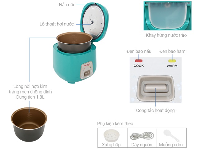 [Mã ELHADEV giảm 4% đơn 300K] Nồi Cơm Điện Nắp Gài Sunhouse Mama SHD8652G 1,8L Ủ Ấm 3D