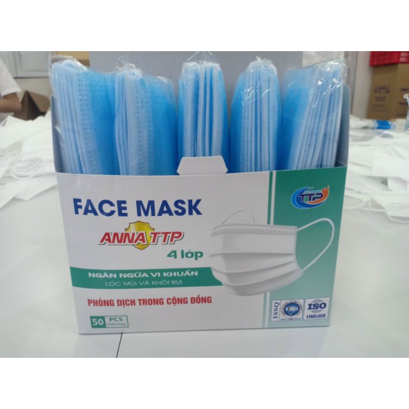 Sỉ 50 chiếc (1 hộp) khẩu trang 4 lớp hàng xịn, 3 màu xanh, trắng, xám