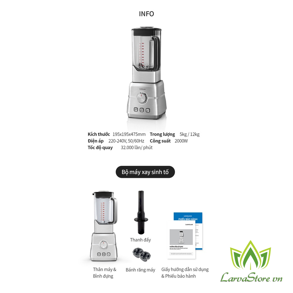 Máy Xay Sinh Tố Siểu Mạnh LocknLock Premium High Speed Blender 2000W EJM476SLV (BH Chính Hãng 2 Năm)