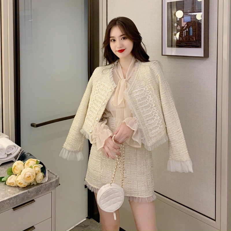 Set váy thu đông dạ Tweed thiết kế siêu mới lạ và đẹp, Set váy dạ sang chảnh thu đông hàng mới nhất