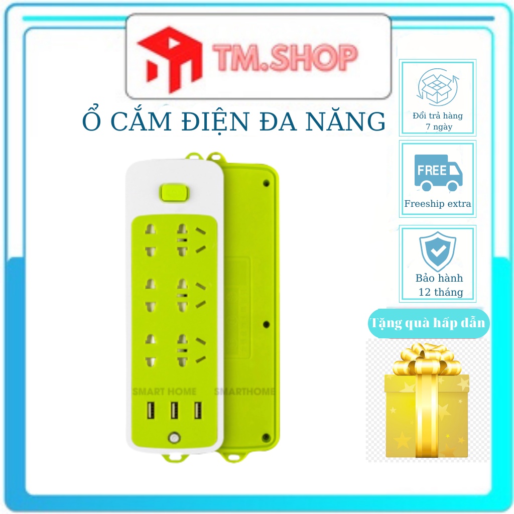 Ổ cắm điện USB nhiều lỗ cắm đa năng thông minh kết hợp sạc nhanh, 6 ổ cắm điện, 3 usb, chống giật