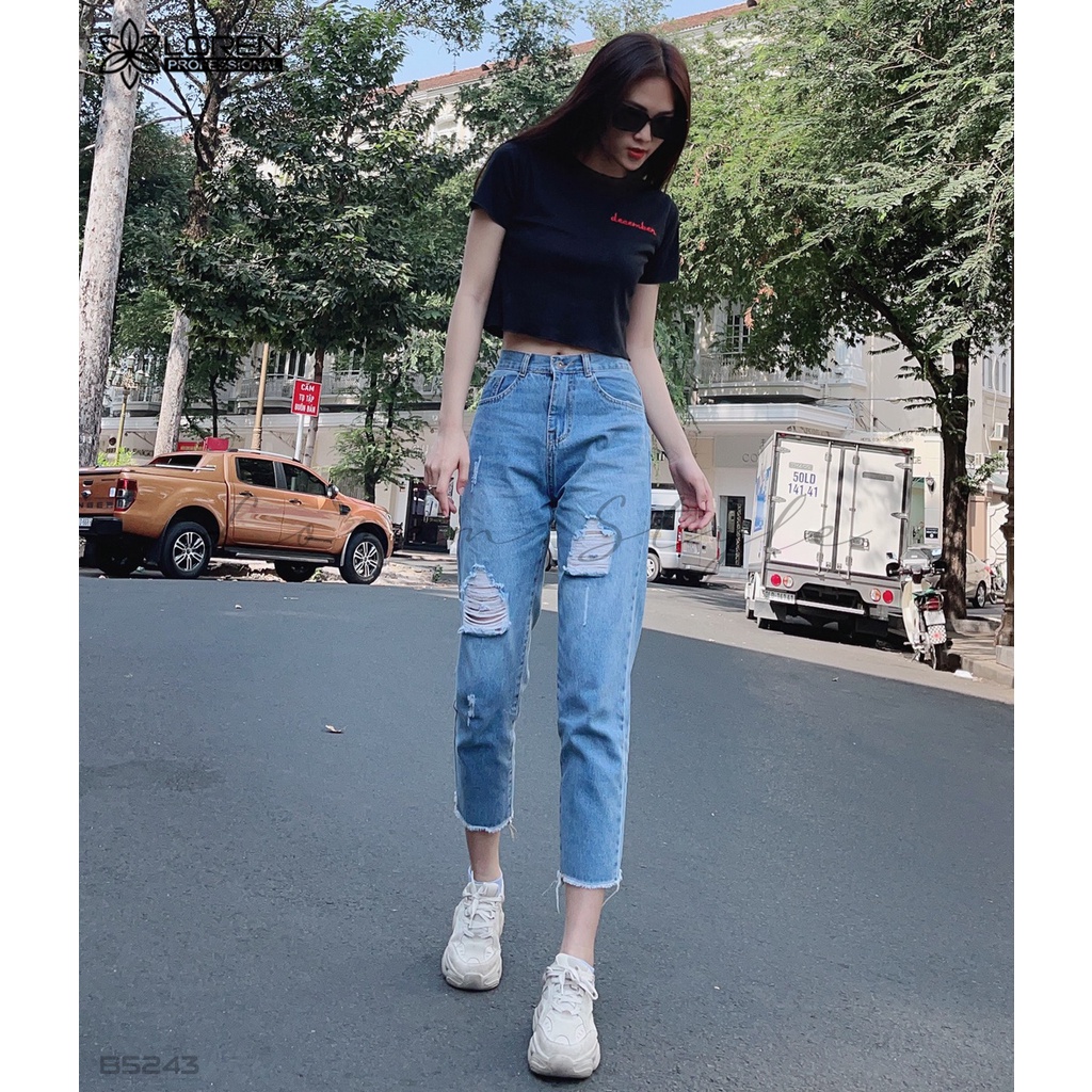 Quần jean baggy LOREN rách tua xanh B5243