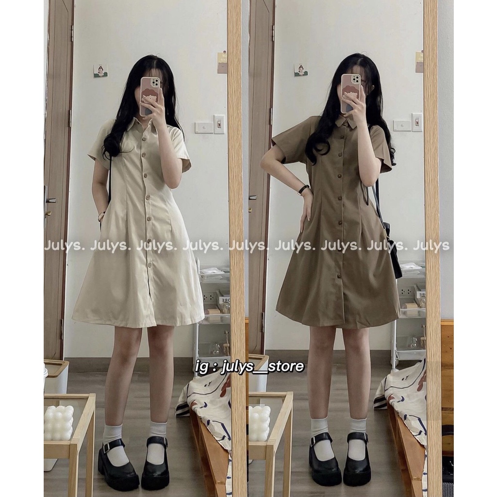 [Ảnh thật cuối] Váy sơ mi dáng chữ A khuy gỗ chun sau ulzzang