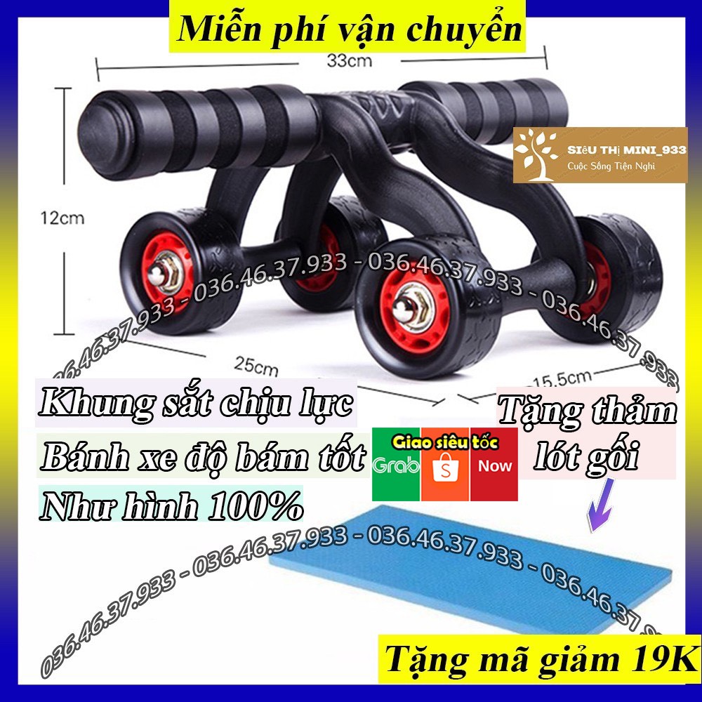 Con lăn tập cơ bụng AB 4 bánh cao cấp Kèm Thảm Dụng cụ tập gym cho nam Kiêm bánh xe lăn đẩy tập cơ bụng