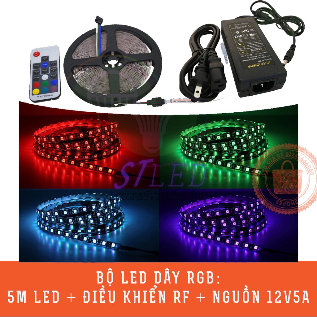 Bộ LED dây RGB 5050 cuộn 5M + Control 44/RF + Nguồn 12V 5A 60W loại tốt ...
