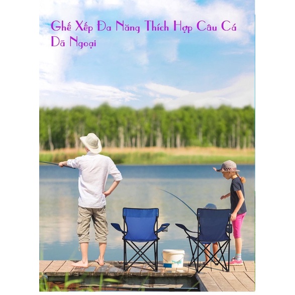 Ghế đa năng gấp gọn, dùng đi câu, dã ngoại, ghế có tựa tay và khe để bình nước