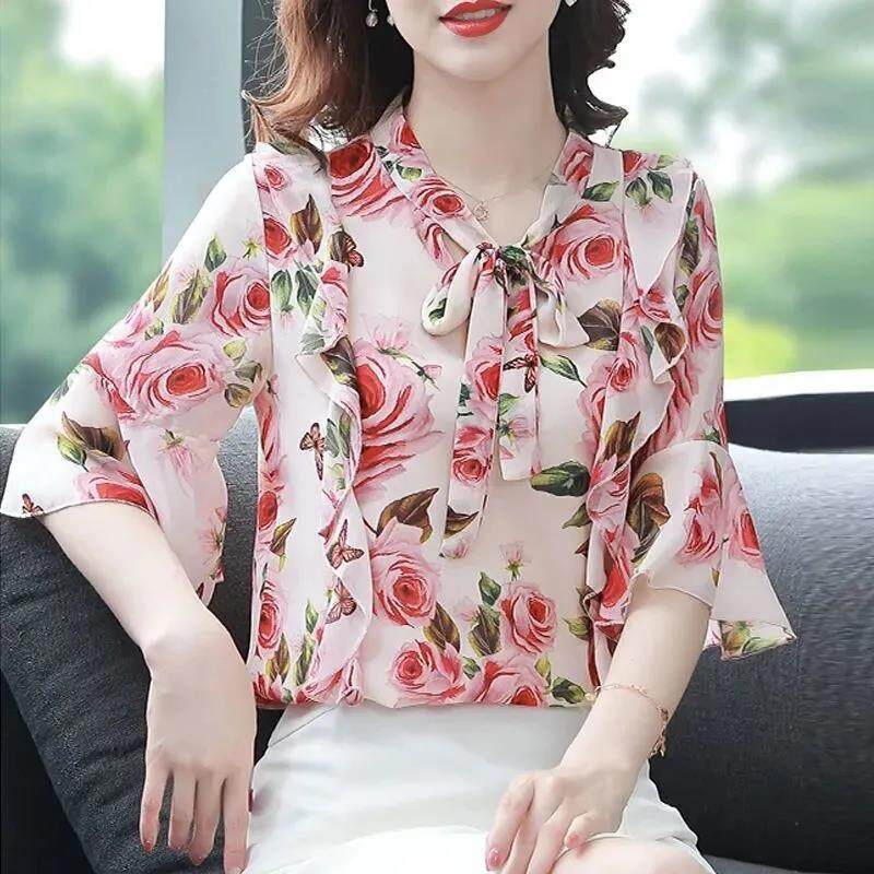 Áo Sơ Mi Chiffon Tay Lỡ 3 / 4 In Hoa Thời Trang Công Sở Cho Nữ