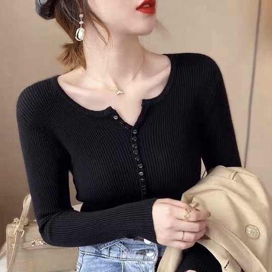 Áo len nữ tay dài cổ V dáng ôm dệt kim mềm mịn thời trang Hàn Quốc Thiết kế trẻ trung quyến rũ