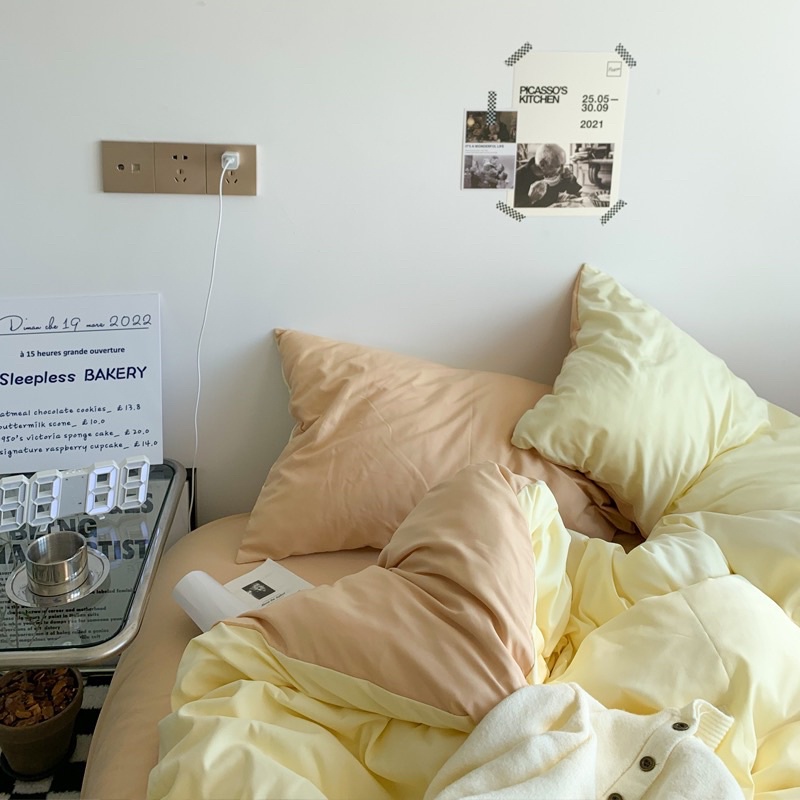 Bộ ga gối và vỏ chăn Cotton Tici No Tag Cao Cấp mềm mát mẫu Vàng Chanh Mix Be