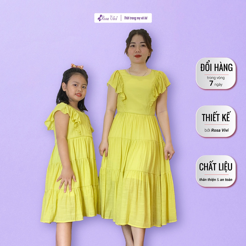 Đầm váy đôi mẹ bé kiểu dáng tầng tay cánh tiên chất vải đũi