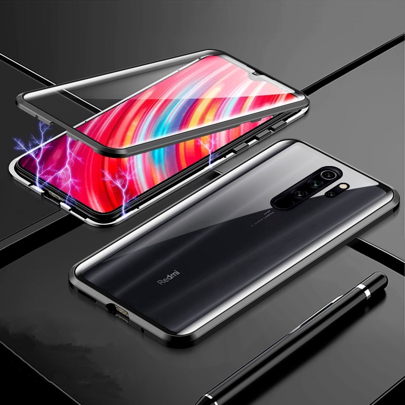 Xiaomi Redmi Note 8 Pro Flip Metal Magnetic Front Back Tempered Glass Back cover Phone Cases Shockproof