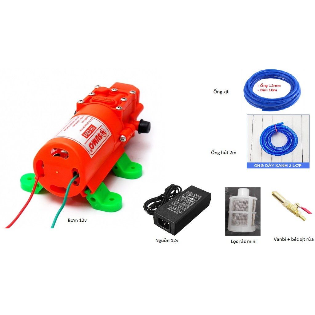 TRỌN BỘ BƠM ÁP LỰC MINI 12V SUMO CAM DÙNG XỊT RỬA XE ,XỊT MÁY LẠNH ,XỊT THUỐC ...