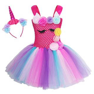 Girls Unicorn Dress Children Princess Net Yarn Rainbow Dress Show Halloween Christmas Birthday Party Cosplay Gift