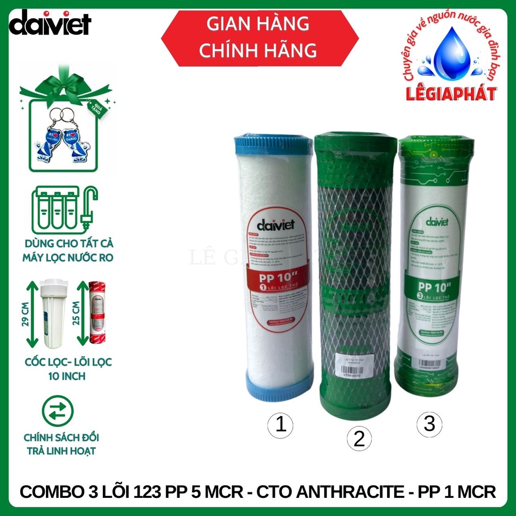 Combo 3 Lõi Lọc Nước RO Số 1-2-3 (PP 10" 5 Micro - CTO Anthracite - PP 10" 1 Micro) - Đại Việt