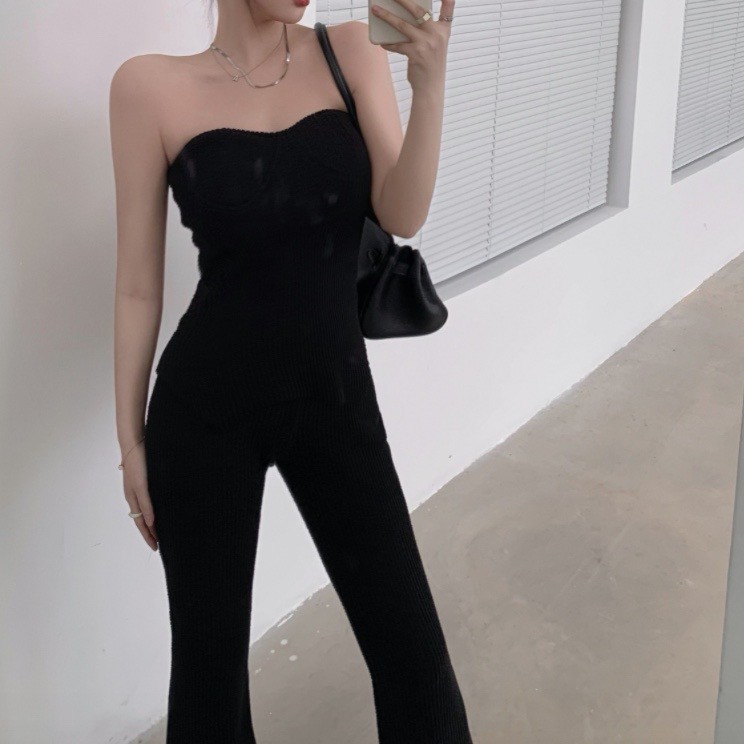 A16 Set Bộ Jumpsuit Cúp Ngực Dài Suông Kèm Áo Khoác Croptop Thời Trang | BigBuy360 - bigbuy360.vn