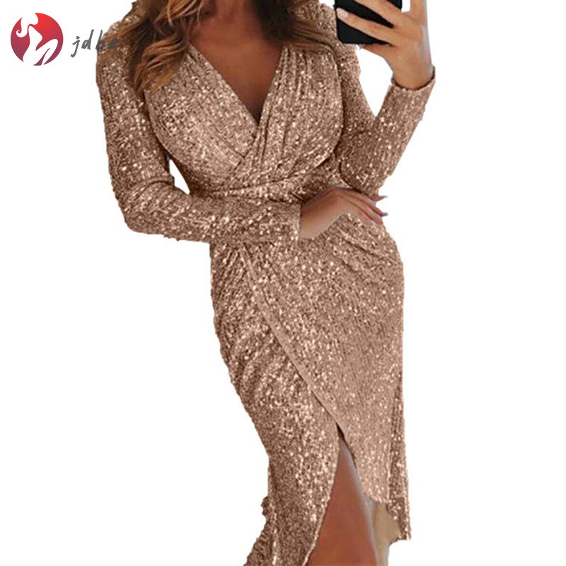 JDBE Women Sequin Glitter Party Dress V Neck Bodycon Slim Elegant Nighclub Dresses