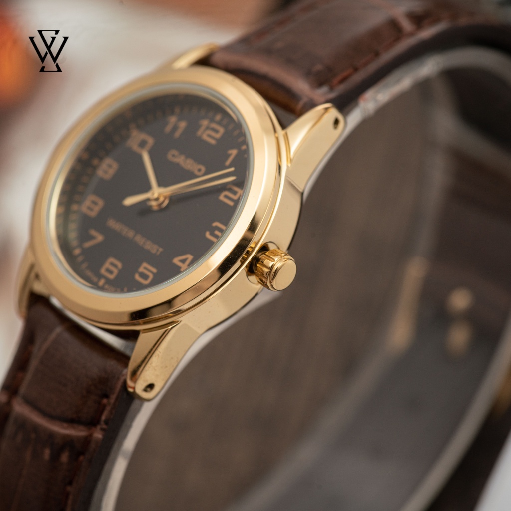 Đồng Hồ Quartz Nữ Casio WATCHSTORE LTP-V001GL-1BUDF Thiết Kế Mặt Tròn Kính Khoáng 25mm, Dây Da, Vỏ Thép Không Gỉ
