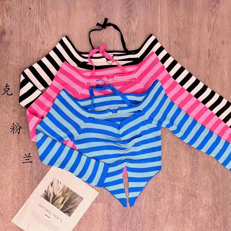 SUXI Áo Dệt Kim Trễ Vai Hoạ Tiết Kẻ Sọc Thiết Kế Lệch Tà Quyến Rũ