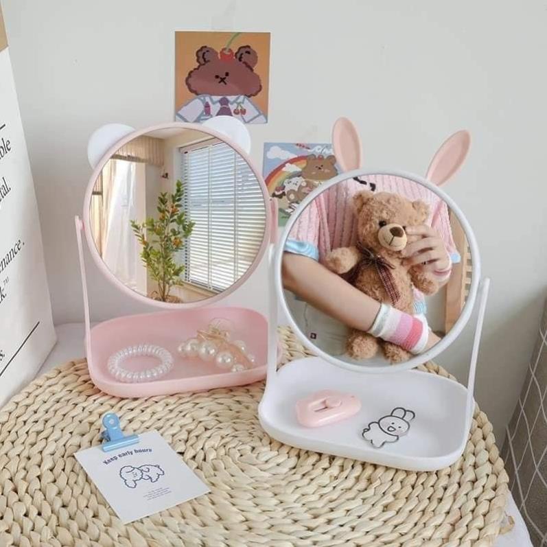 Gương Để Bàn Gương Tai Thỏ. Gấu. Mèo Để Bàn xoay 360 độ , có khay để đồ trang sức tiện lợi có sỉ