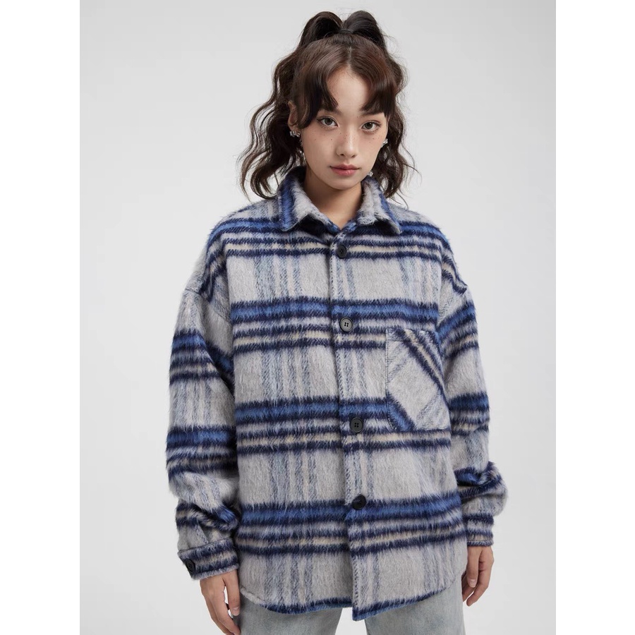 Áo Dạ Tweed Cổ Bẻ Form Rộng Siêu Sang Chảnh, Áo Sơ Mi Dạ Kẻ Xanh