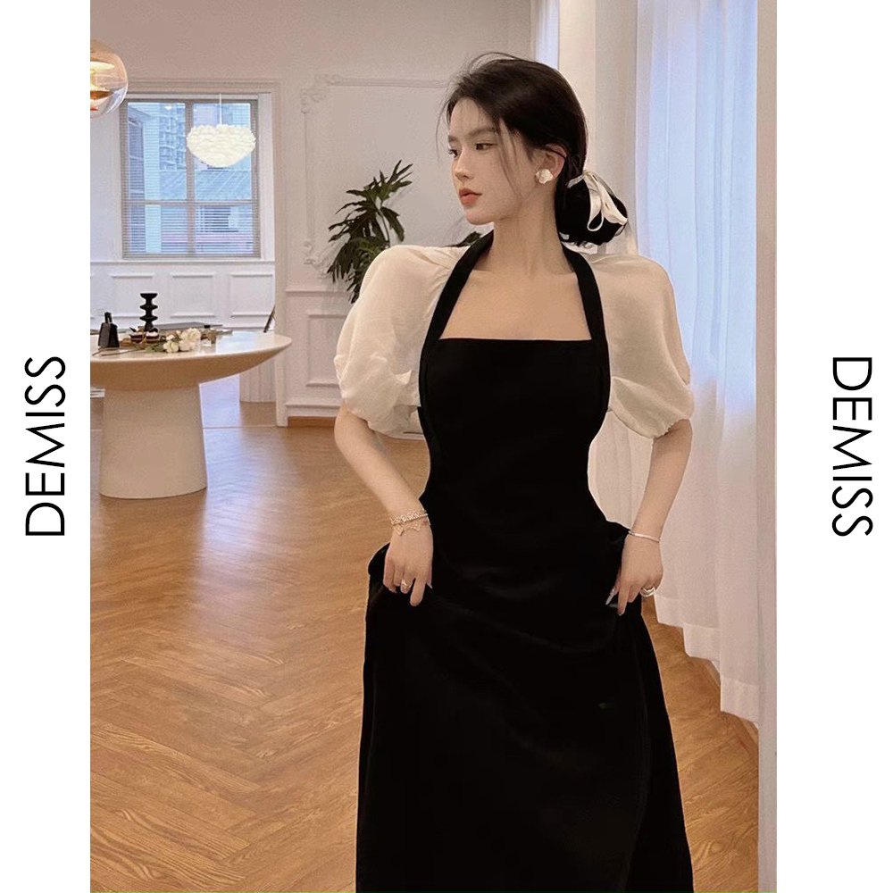 Đầm Hai Dạo Phố 💖DEMISS💖 Váy Đen Phối Tay Voan Cổ Trắng Cut Out Lưng Siêu Xinh - V-Đen-62