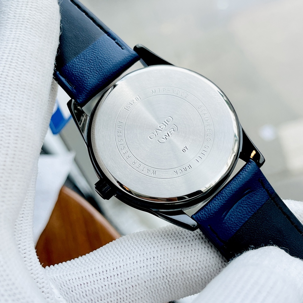 Đồng hồ nam dây da thời trang Casio MTP VD02BL-2E mặt xanh - Size 41 Kim dạ quang Bảo hành 1 năm Hyma watch