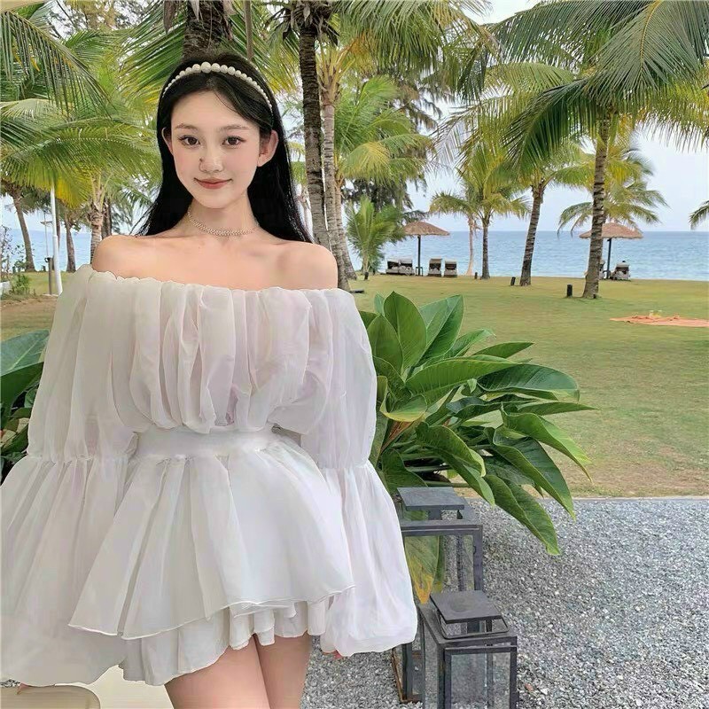 Set đồ nữ sang chảnh, set voan dài tay có lót chân váy xòe nhún eo mặc tôn dáng tone trắng tinh khôi Tây Thi Shop | BigBuy360 - bigbuy360.vn