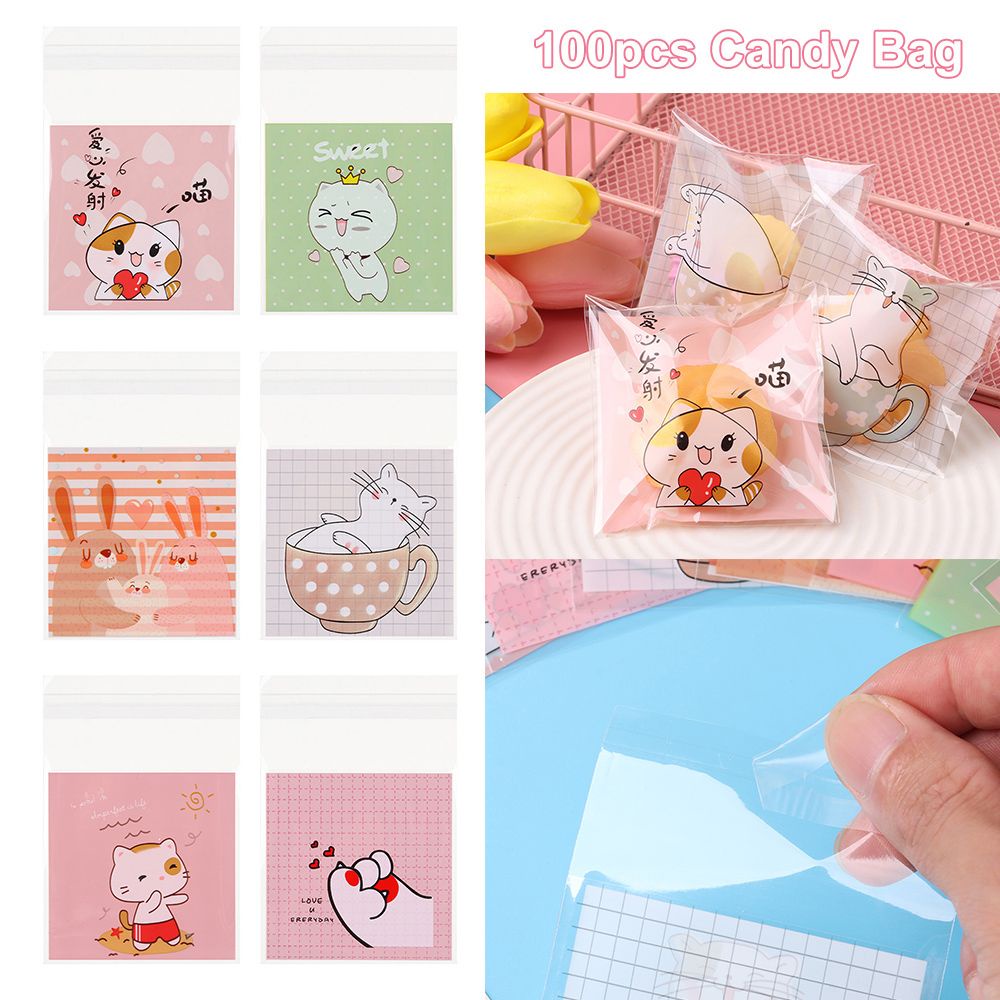 Set 100 Túi Nhựa OPP Kích Thước 7x7cm In Họa Tiết Mèo Hoạt Hình Có Keo Dán Dùng Để Đựng Bánh Quy
