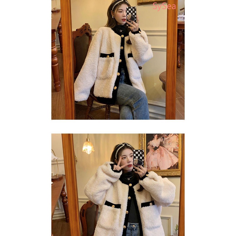 Áo khoác lông cừu tay dài dáng rộng thời trang mùa đông cho nữ