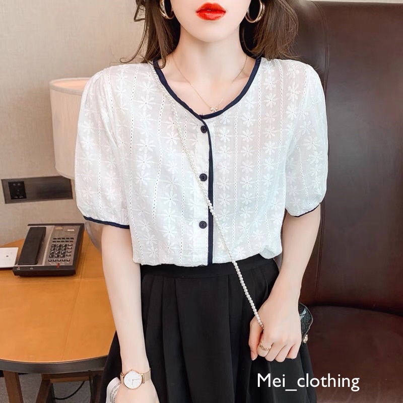 Áo cộc tay hoạ tiết hoa cúc phối viền đen lạ mắt A49