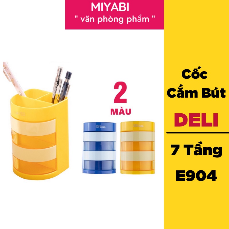 Ống cắm bút 4 ngăn Deli đựng văn phòng phẩm để bàn  - Màu Xanh dương/vàng dùng trong văn phòng - 1 chiếc - E904