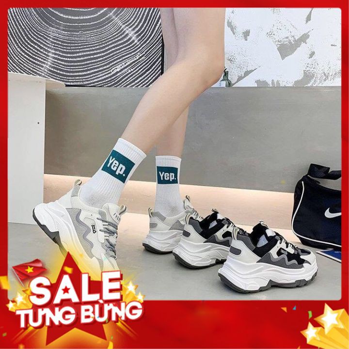 Giày thể thao nữ ULzzang 2 dây buộc kiểu đế cao lượn sóng mẫu mới 2020