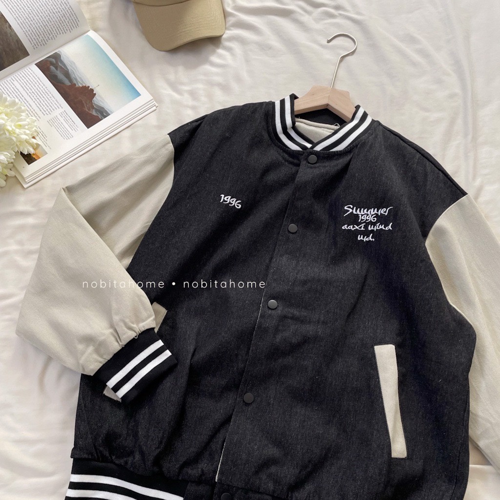 NOBITA HOME - Áo khoác bóng chày vải denim mềm có lớp lót 7442