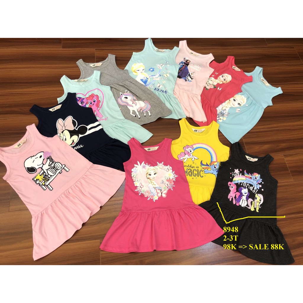 * Mã 8948: SALE 88K  Váy H&M bé gái toàn mẫu mickey, elsa, pony, vải dư, chất vải cotton và hình in đẹp.