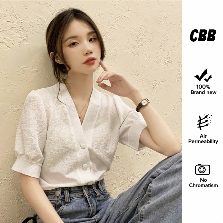 Porozi  Áo Sơ Mi Tay Ngắn Phồng Cổ Chữ V Phong Cách Retro Thời Trang Hàn Quốc Cho Nữ